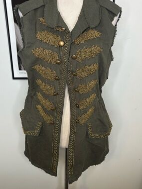 Zara Olive Green Military-Style Beaded Sleeveless Vest